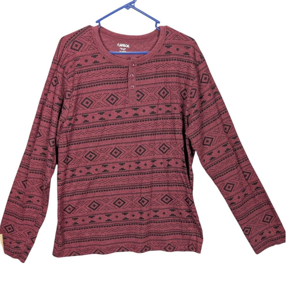 Carbon Shirt Mens XL Burgundy Henley Long Sleeve Aztec Geometric Tribal Skater
